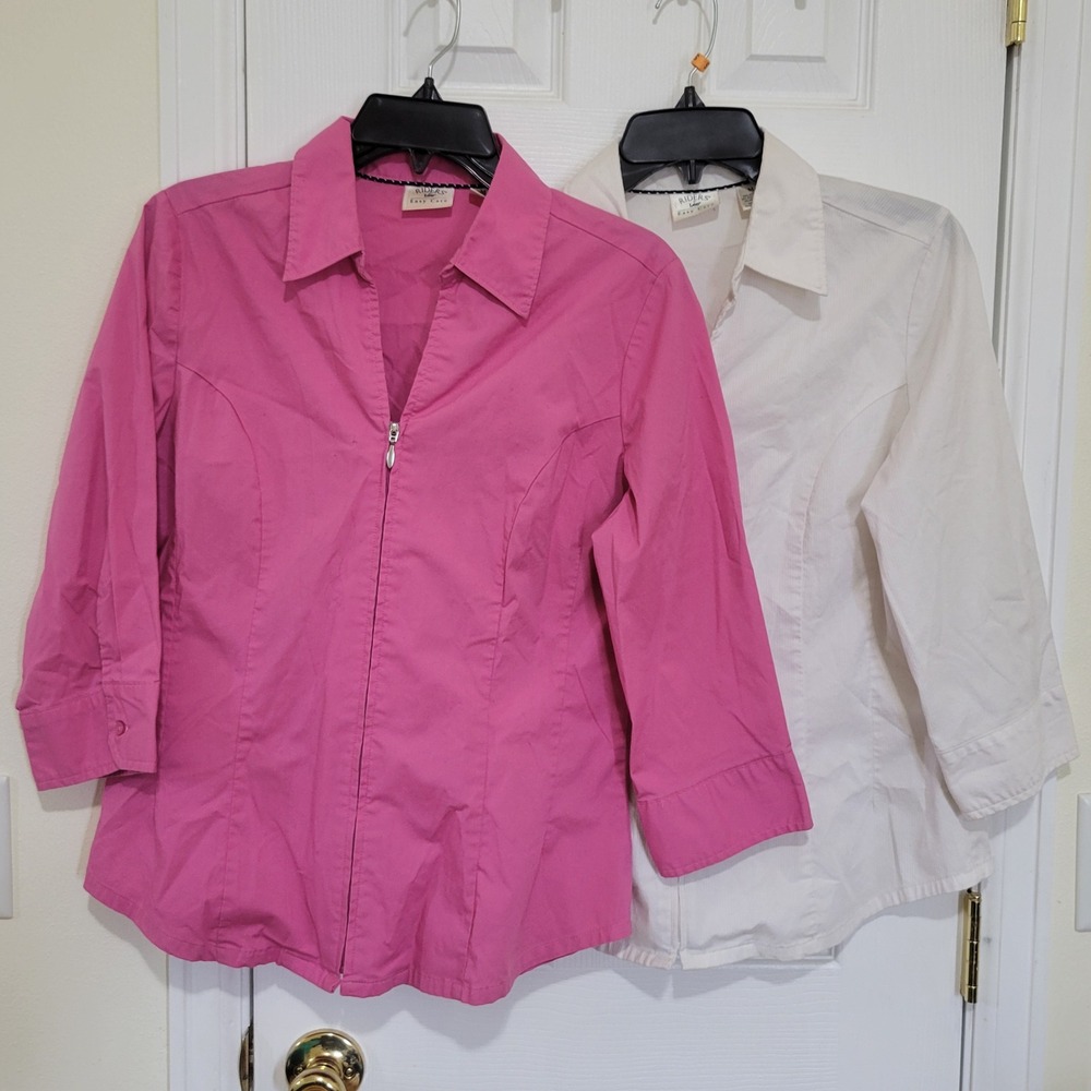 Lot of 2 Riders by Lee Easy Care Zip Front Shirts Pink White Medium Western